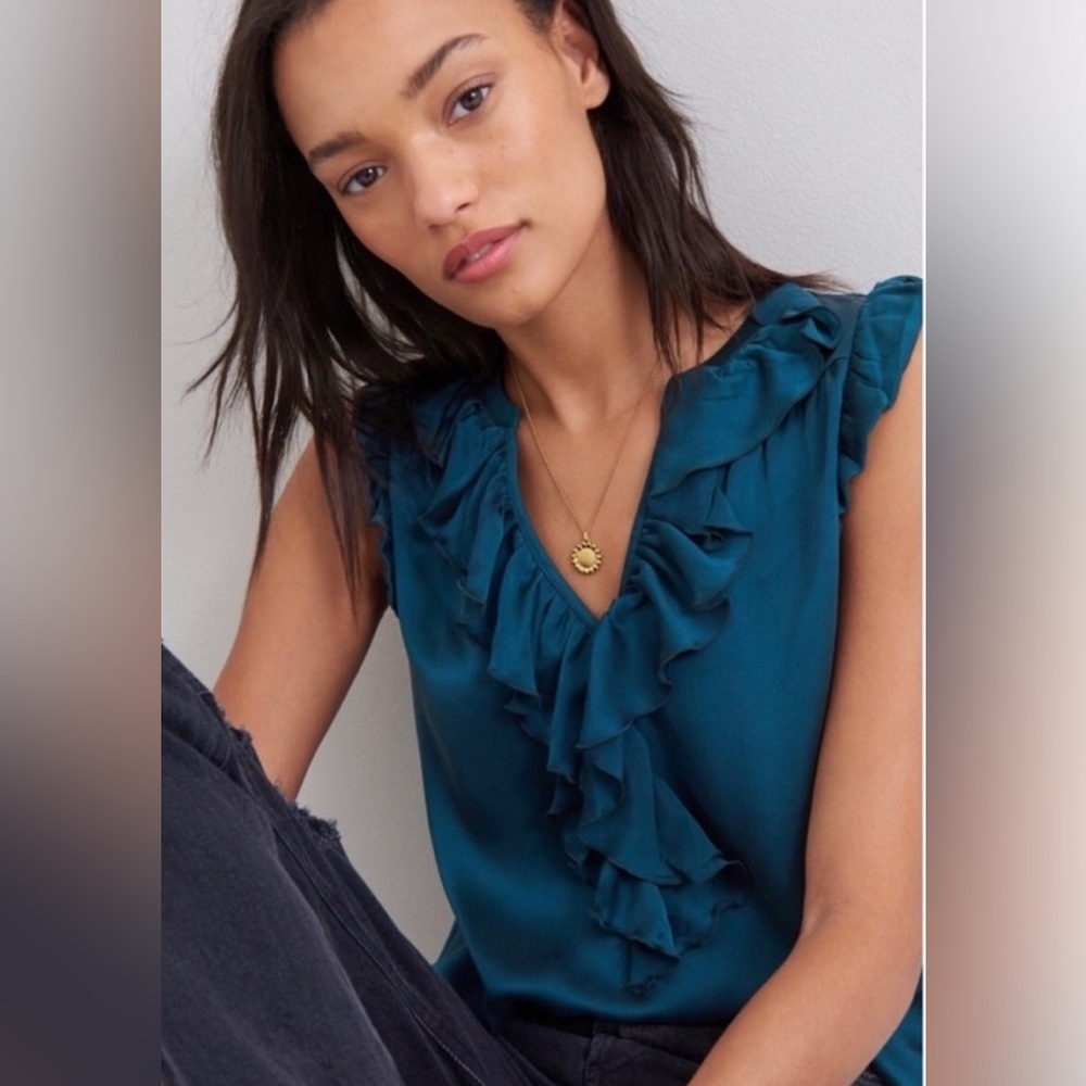 100% Silk Anthropology Ruffle V-Neck Blouse